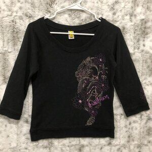 Billabong Women Black Sweatshirt 3/4 sleeve Embroidered Black Medium